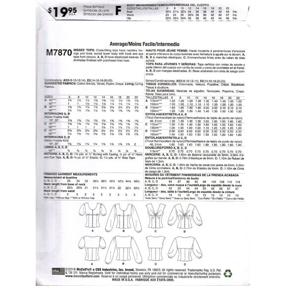 McCall's M7870 Misses 14 to 22 Fitted Peasant Top Uncut Sewing Pattern New - Picture 2 of 2